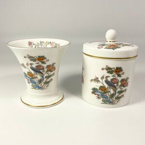 Set of 2 Wedgwood Kutani bird trumpet Vase & lidded jar